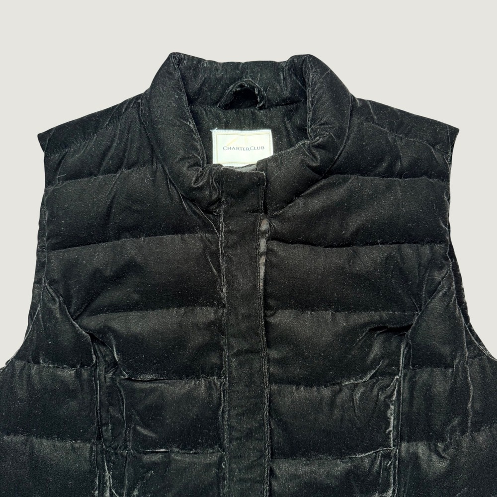 Charter Club Quilted Black Velvet Puffer Vest Large Mock Neck Snap Sleeveless